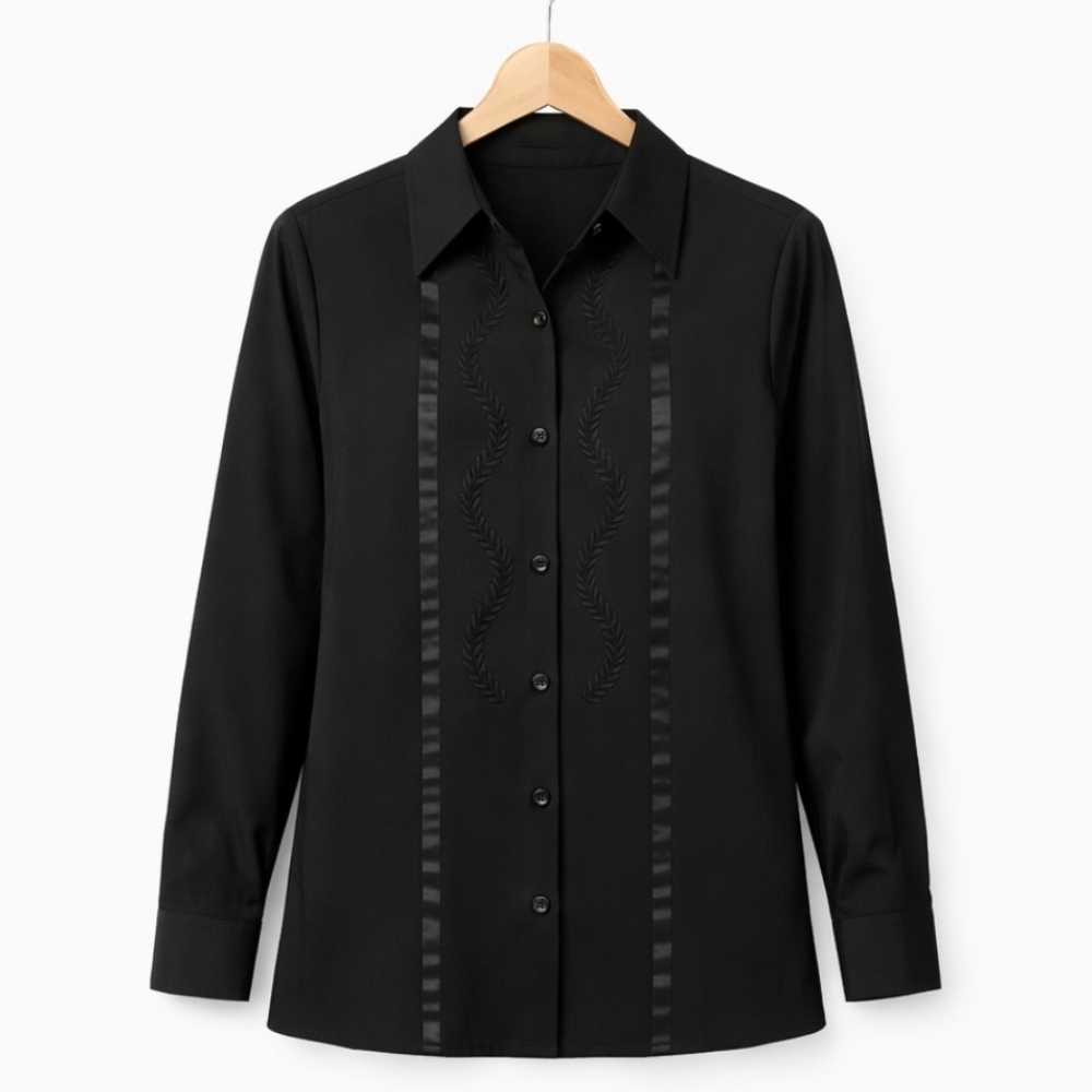 Claudia Richard Vintage Black Silk Embroidered Tuxedo Stripe Blouse Sz 12